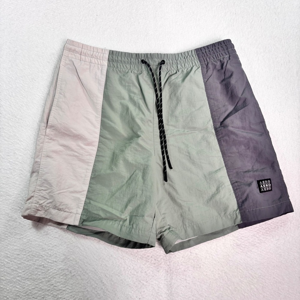 Aeropostale Color Block Swim Trunks Mens Medium Green Gray‎ Lined Beach Shorts